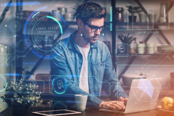 Developer working on custom eCommerce website with futuristic digital interface overlay, representing modern web development and technology in 2025.